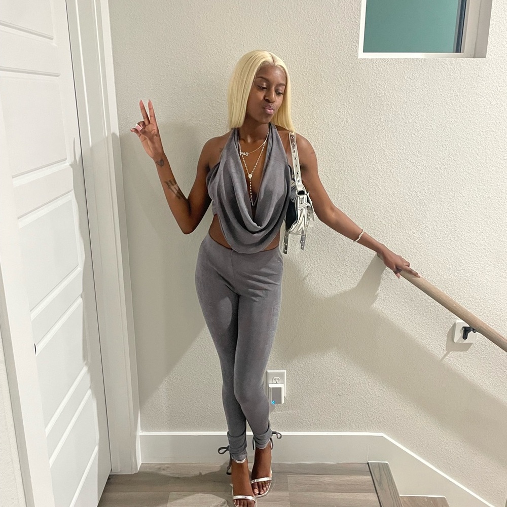 Draped Halter top and pant set Gray